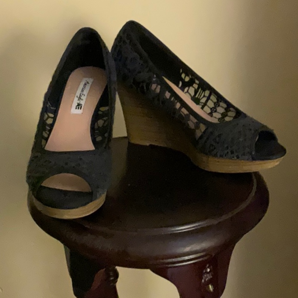 American Eagle By Payless Black Wedge Peep-Toe Shoes